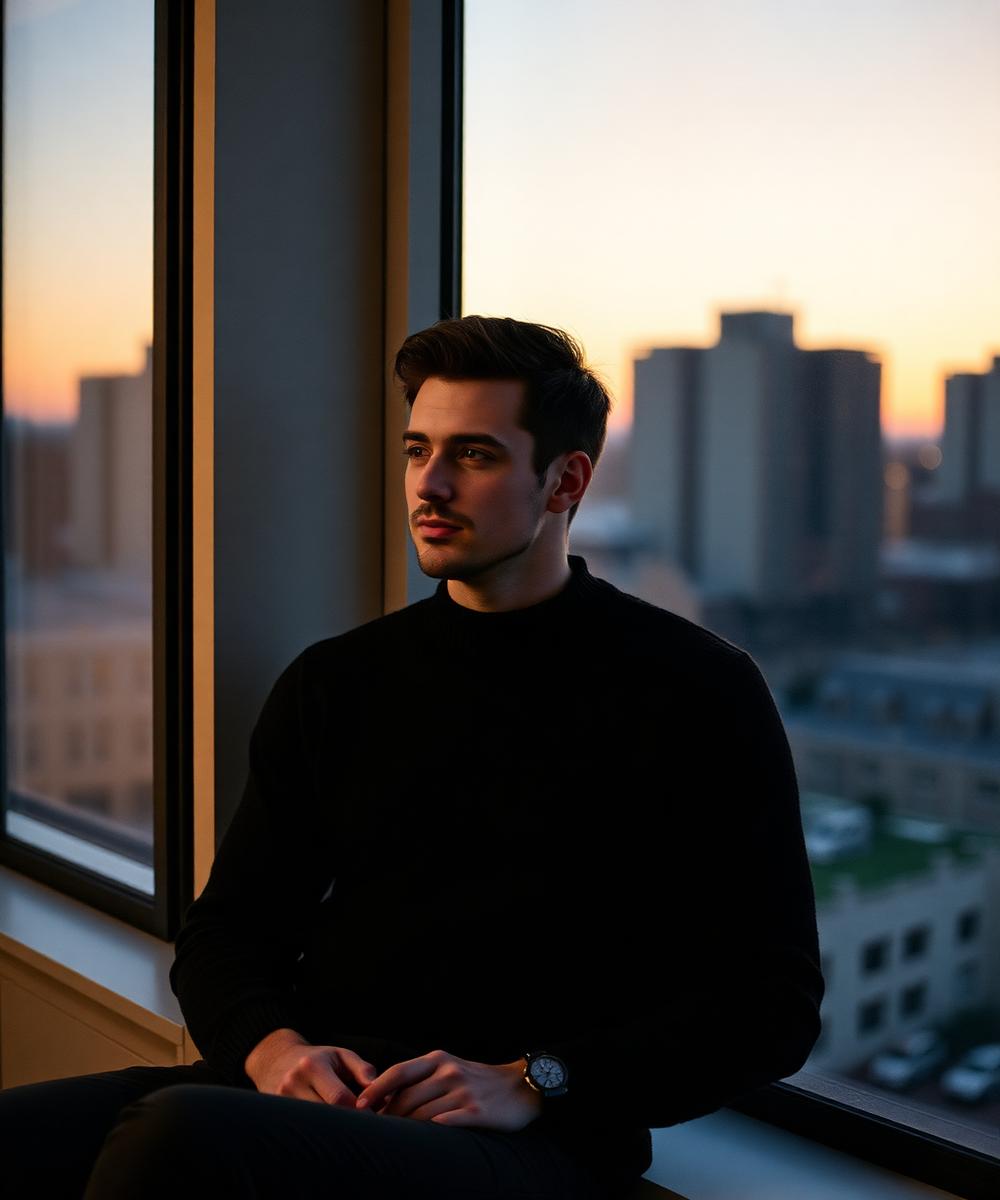 A young entrepreneur seated by a window at dusk