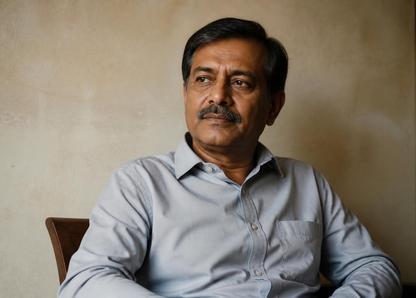 Dr. Arun Mehta seated against a warm plaster wall